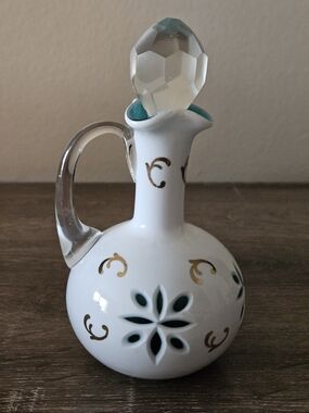 White Glass Cruet with Teal Cutout Accents & Gold Detailing